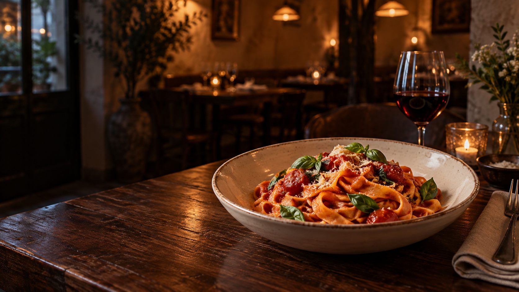 Anteprima del sito Osteria Lume con un piatto di pasta nella sala del ristorante
