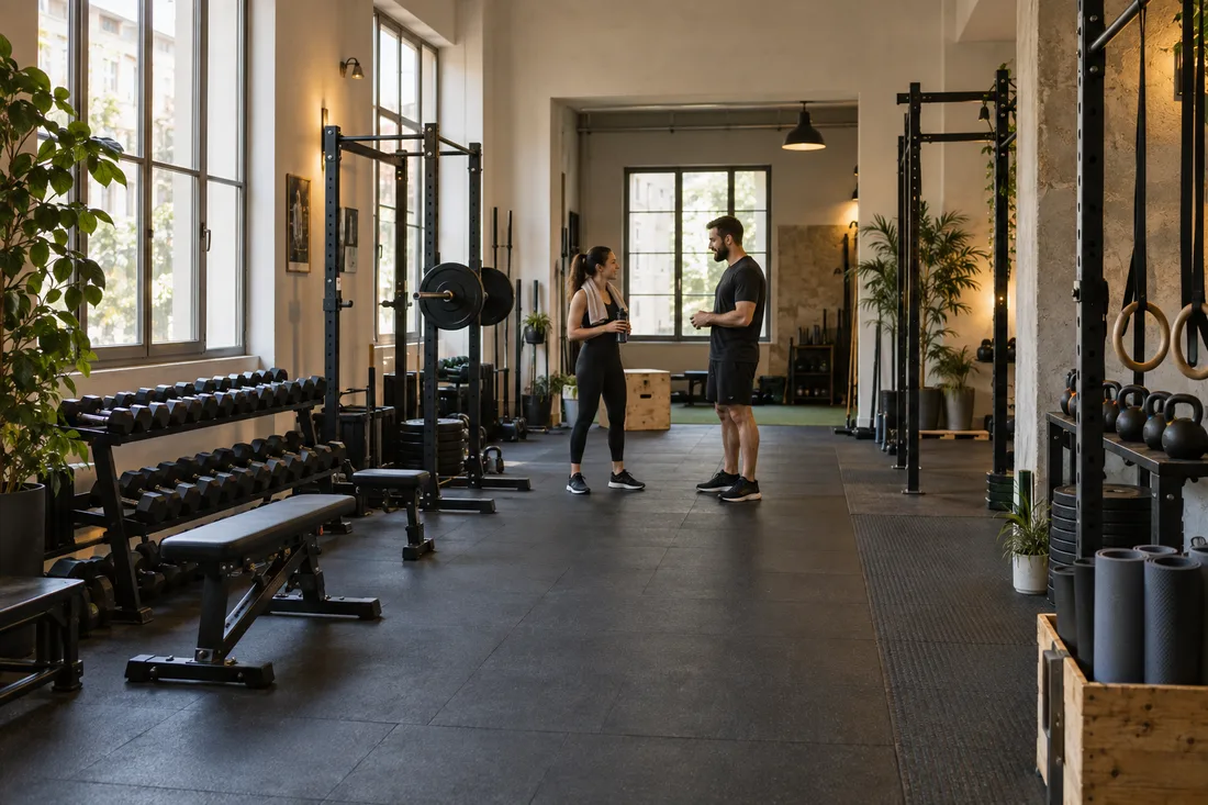 Sala attrezzi luminosa con due persone nella demo Palestra Forma
